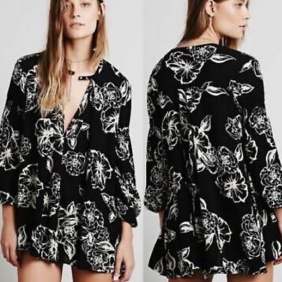 Free People Tree Swing Tunic Dress Black & White Floral Long Sleeve XS - Picture 12 of 12